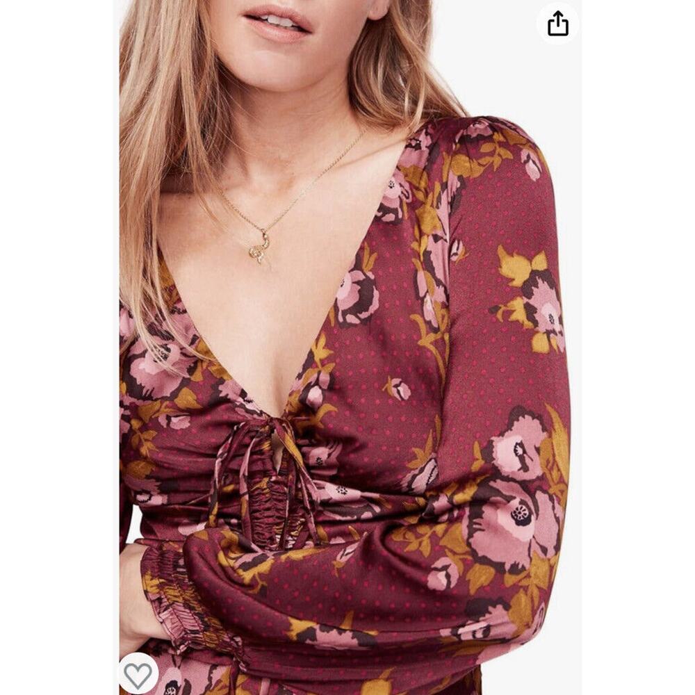 Free People Morning Light Floral Mini Dress Wine Purple Long Sleeve Womens M 6 - Picture 2 of 13